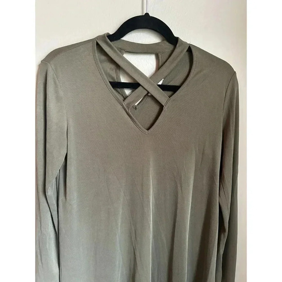 Altar'd State Sage Army Green Criss-Cross Neck Shift Swing Long Sleeve Dress - Picture 7 of 9